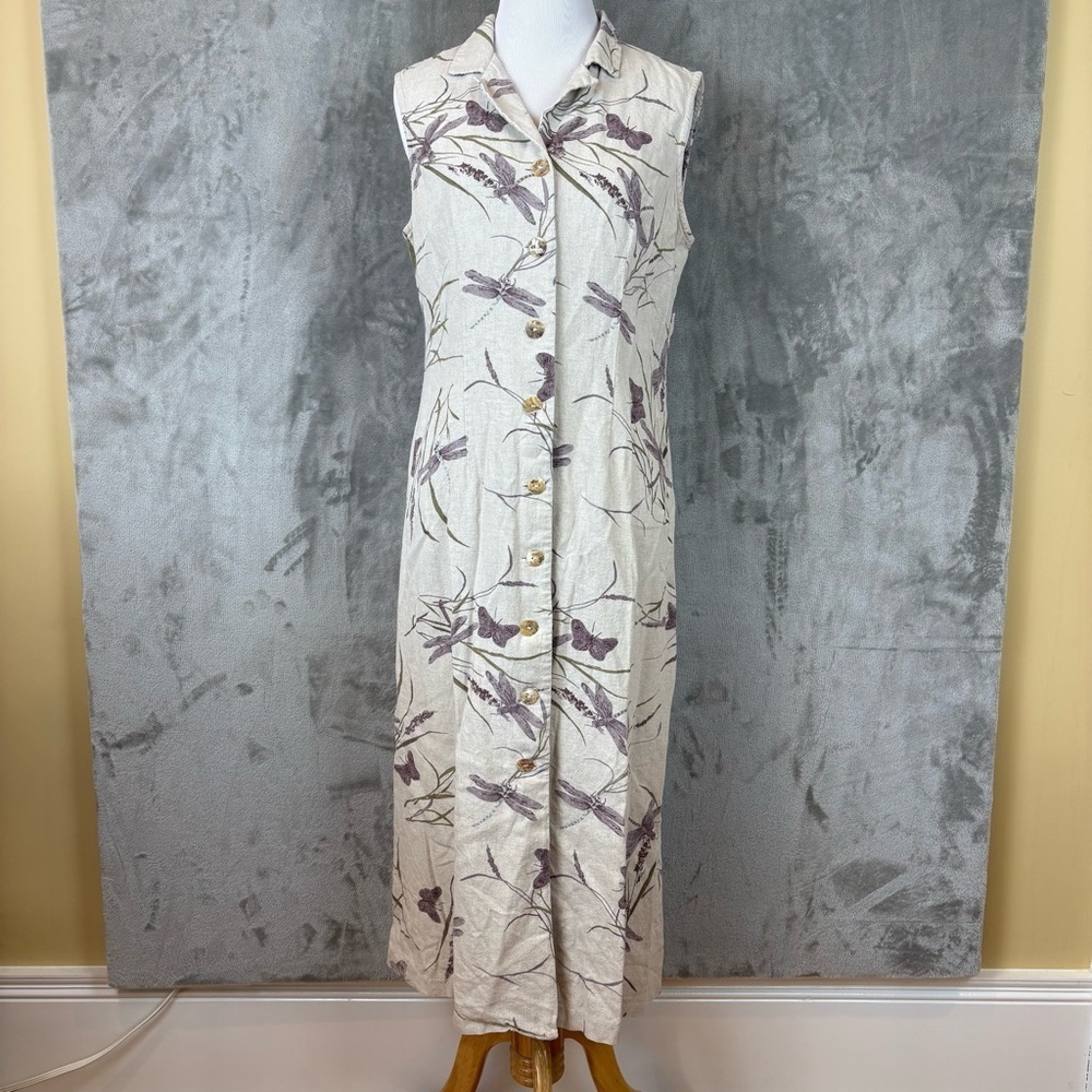 K Studio Linen Dragonfly Floral Sleeveless Cream Summer Vacation Dress Wmn’s 10